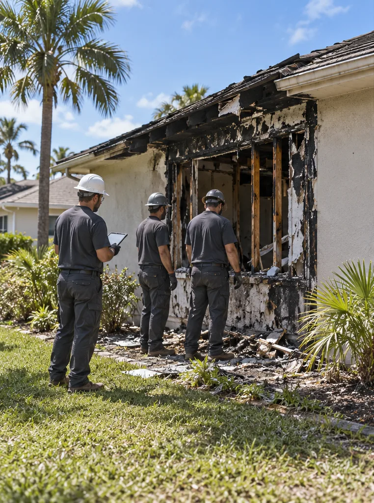 Crew assessing the exterior of a fire-damaged Tampa-area home