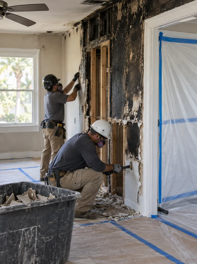 Workers removing only marked fire-damaged wall material